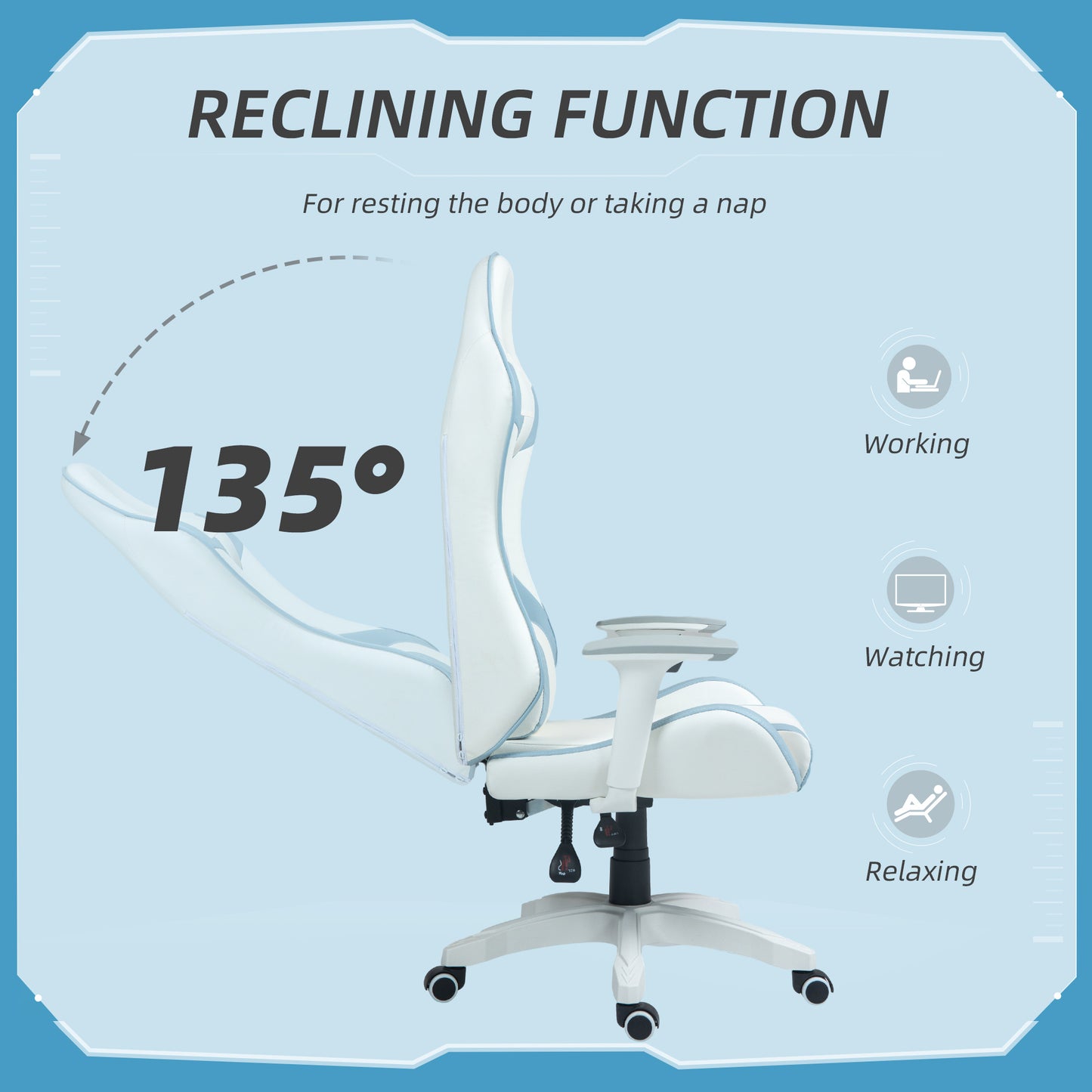 HOMCOM Gaming Chair, Racing Gamer Chair, Reclining Faux Leather Computer Chair with Headrest, Lumber Support, 3D Armrests, Adjustable Height, Swivel Wheels for Home Office, Light Blue
