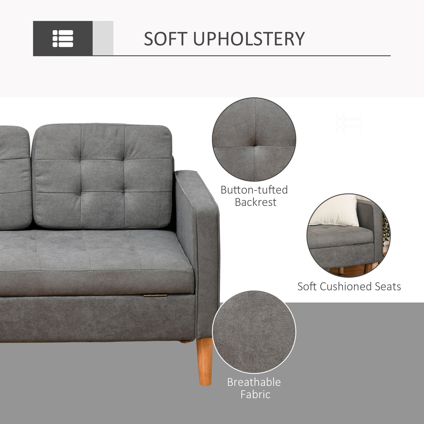 HOMCOM Modern 3-Seater Sofa Button-Tufted Fabric Couch with Storage Chest Rubberwood Legs for Living Room, Grey Chest,