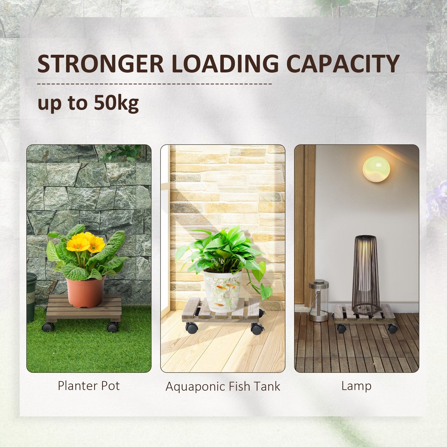 Outsunny 2 Pack Plant Stand with Wheels, Flowerpot Holder, Wooden Flower Display Stand for Indoor Outdoor Living Room Entryway