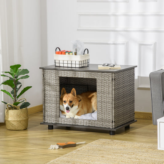 PawHut Wicker Dog House, Rattan Pet Bed, End Table Furniture, with Soft Cushion, Adjustable Feet, for Small and Medium Dogs Grey, 80 x 54 x 61.5 cm