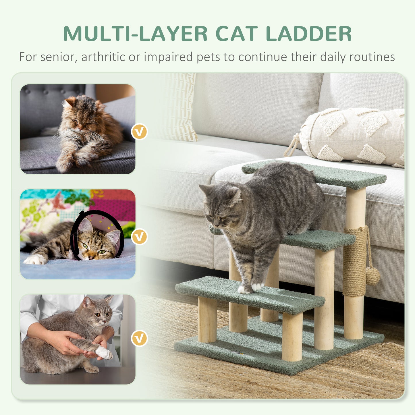 PawHut 48cm Cat Tree, 3-Layer Kitty Ladder, Cat Climbing Toy, Cat Tower with Ball Toy Jute Scratching Post, Green