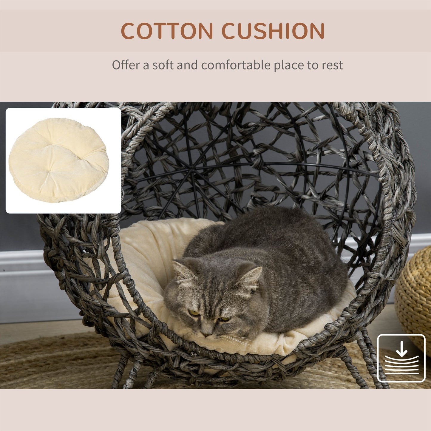 Pawhut Woven Rattan Elevated Cat Bed House Kitten Pussy Basket Ball Shaped Pet Furniture Silver Grey