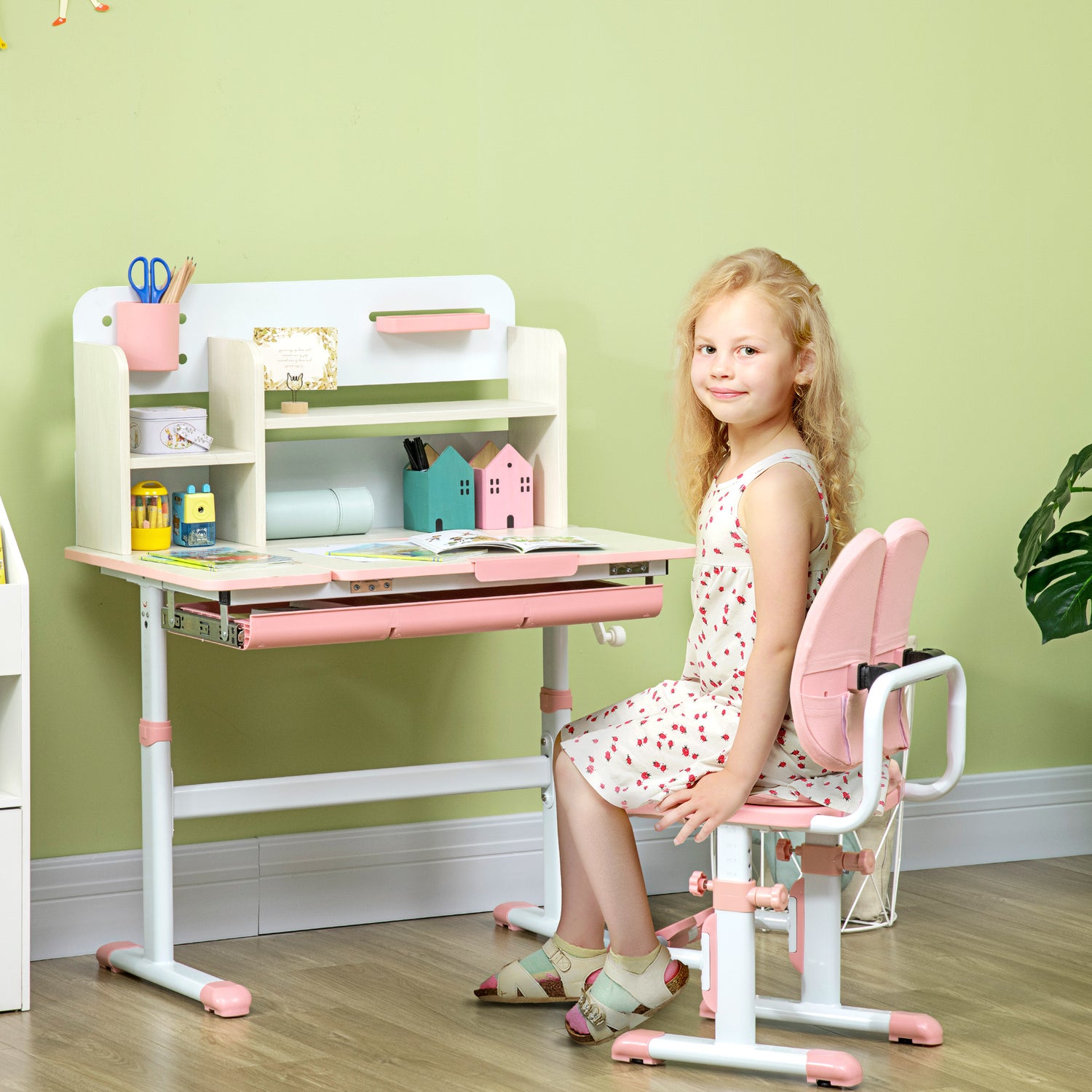 HOMCOM Kids Desk and Chair Set, with Storage Shelves, Washable