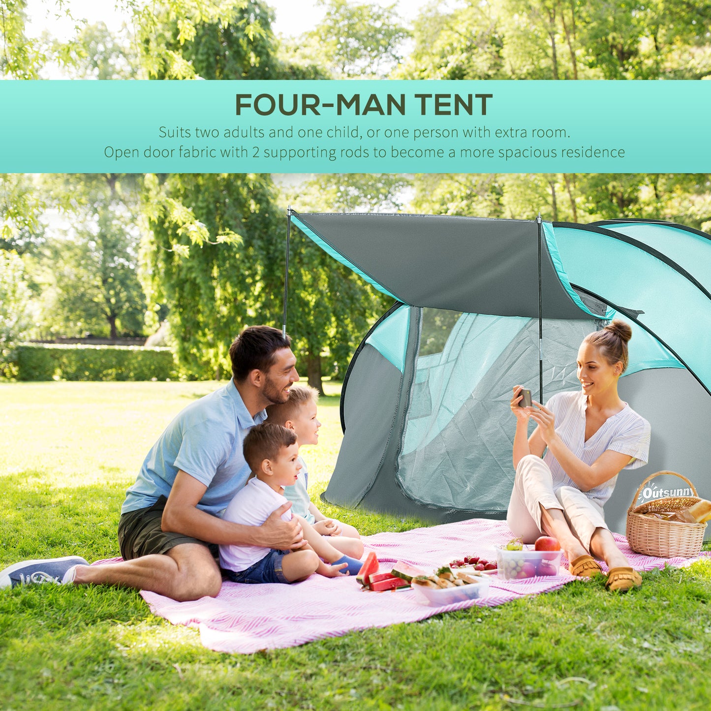 Outsunny 4 Person Pop Up Camping Tent with Vestibule Weatherproof Cover, Instant Backpacking Tent w/ Carry Bag for Fishing Hiking, Tiffany Blue