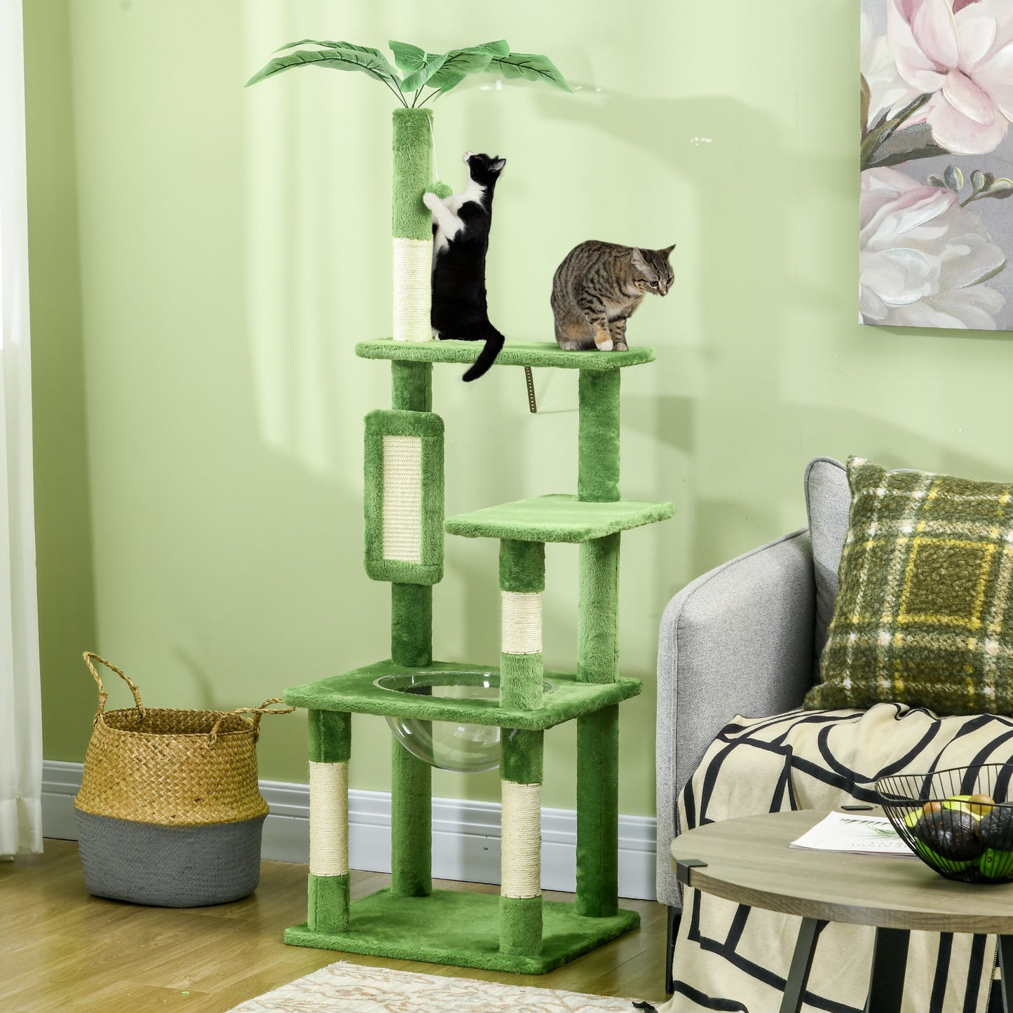 PawHut 142cm Cat Tree Tower with Scratching Post Hammock Toy Ball Platforms Green