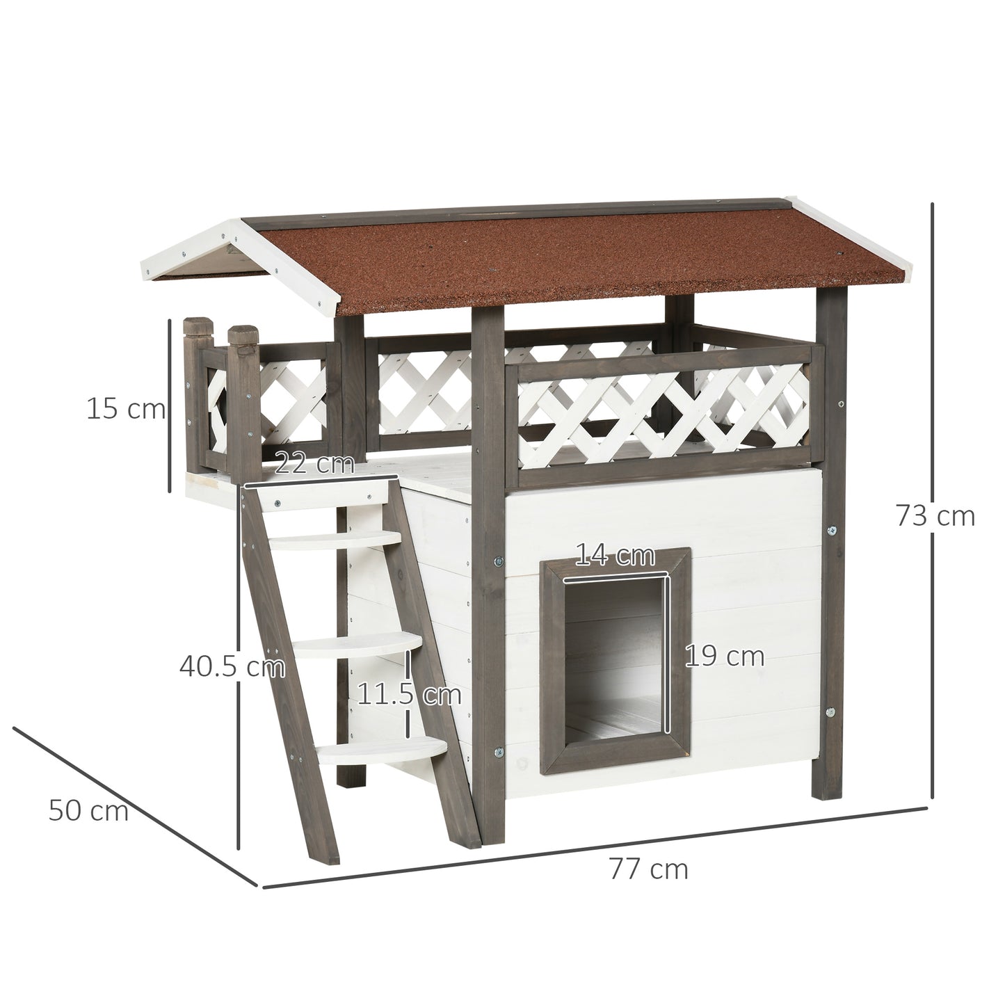 PawHut Cat House Outdoor Kitten Shelter Puppy Kennel with Balcony Stairs Asphalt Roof, 77 x 50 x 73 cm, White