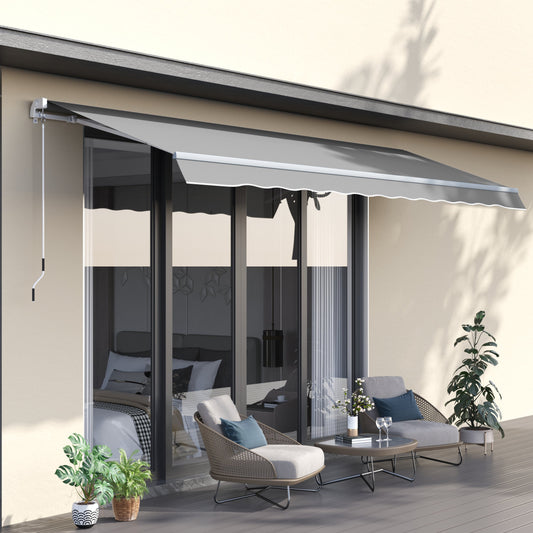 Outsunny 4x2.5m Retractable Manual Awning Window Door Sun Shade Canopy with Fittings and Crank Handle Light Grey Weather w/