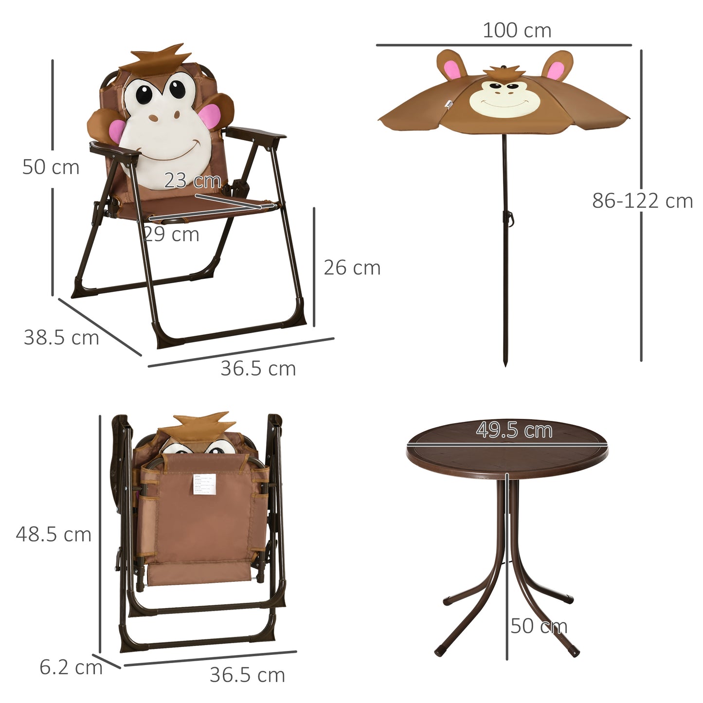 Outsunny Kids Picnic & Table Chair set, Outdoor Folding Garden Furniture w/ Monkey Design, Removable, Adjustable Sun Umbrella, Ages 3-6 Years - Brown