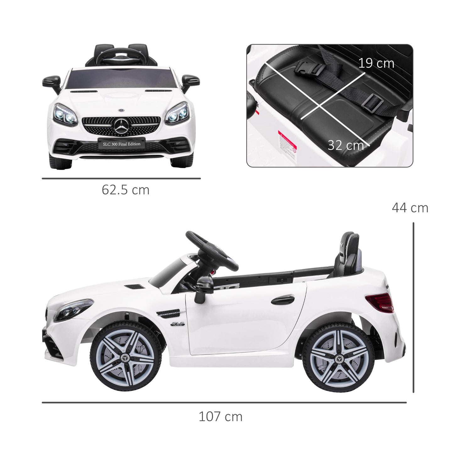 AIYAPLAY Mercedes Benz SLC 300 Licensed 12V Kids Electric Ride On Car with Parental Remote Two Motors Music Lights Suspension Wheels for 3-6 Years White