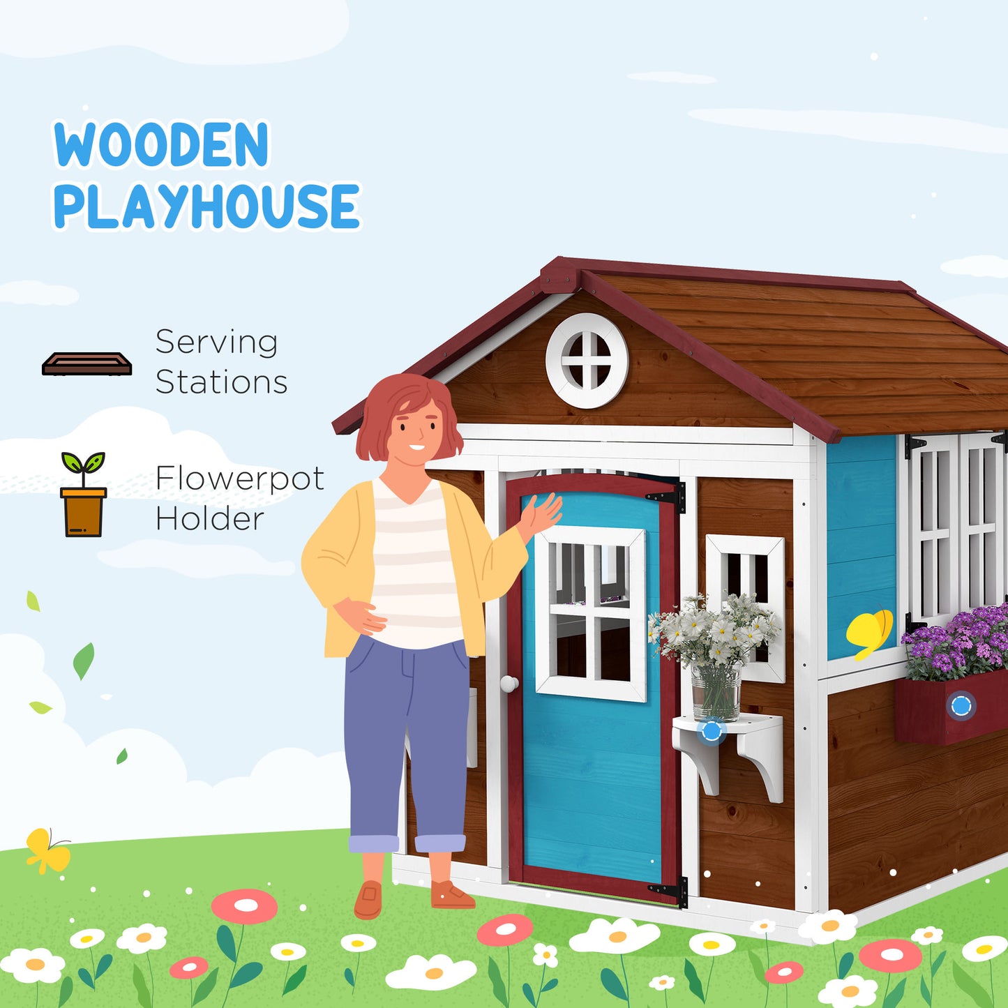 Outsunny Wooden Playhouse with Doors, Windows, Plant Pots, Boxes, for 3-8 Years - Dark Brown