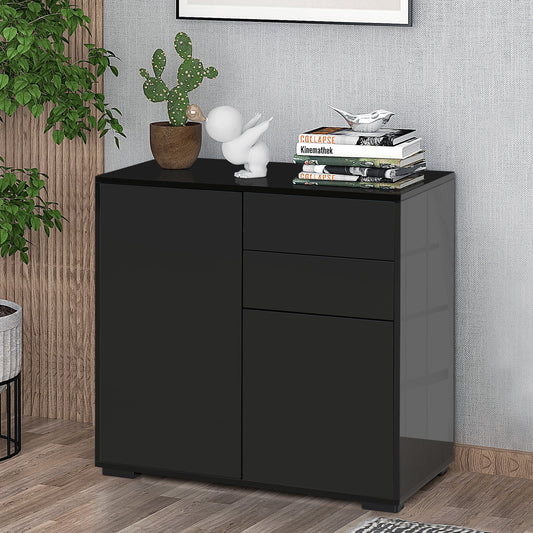HOMCOM Modern Stylish Freestanding Push-Open Design Cabinet with 2 Drawer, 2 Door Cabinet, 2 Part Inner Space, for Living Room, Bedroom, Bathroom, Kitchen, Black and