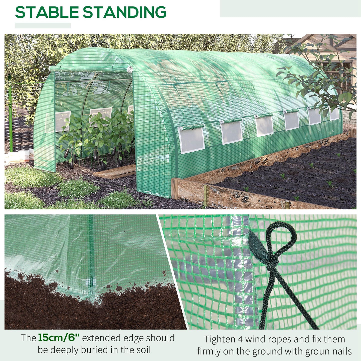 Outsunny Polytunnel Greenhouse Walkin Grow House Tent with Rollup Sidewalls Zipped Door and 12 Windows 6x3x2m Green