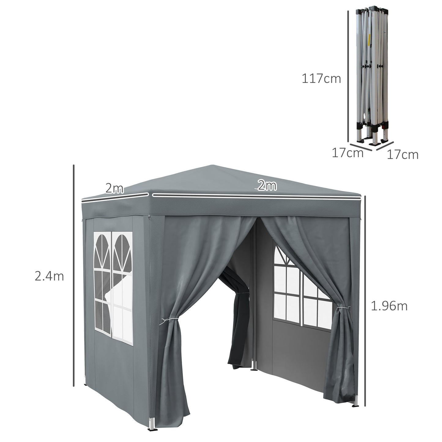 Outsunny Garden Pop Up Gazebo Marquee Party Tent Canopy with free Carrying Case, Removable 2 Walls, 2 Windows, 2m x 2m, Grey