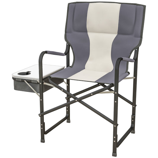 Outsunny Aluminium Directors Chair, Folding Camping Chair for Adults with Side Table, Cup Holder, Cooler Bag and Pocket, Grey