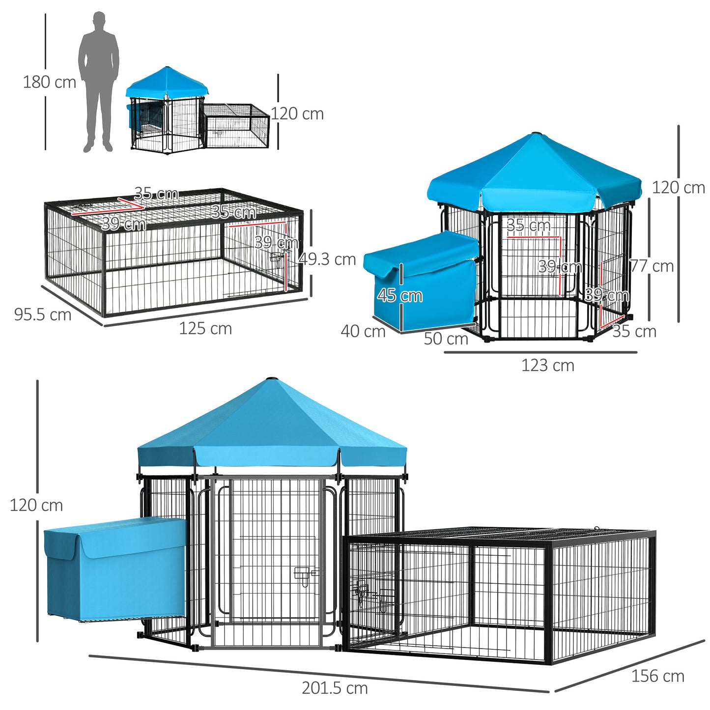 PawHut Steel Chicken Coop, Outdoor Hexagonal Hen House, Heavy-Duty Detachable Poultry Cage w/ Water-Resistant Canopy, Run, Nesting Box - Blue