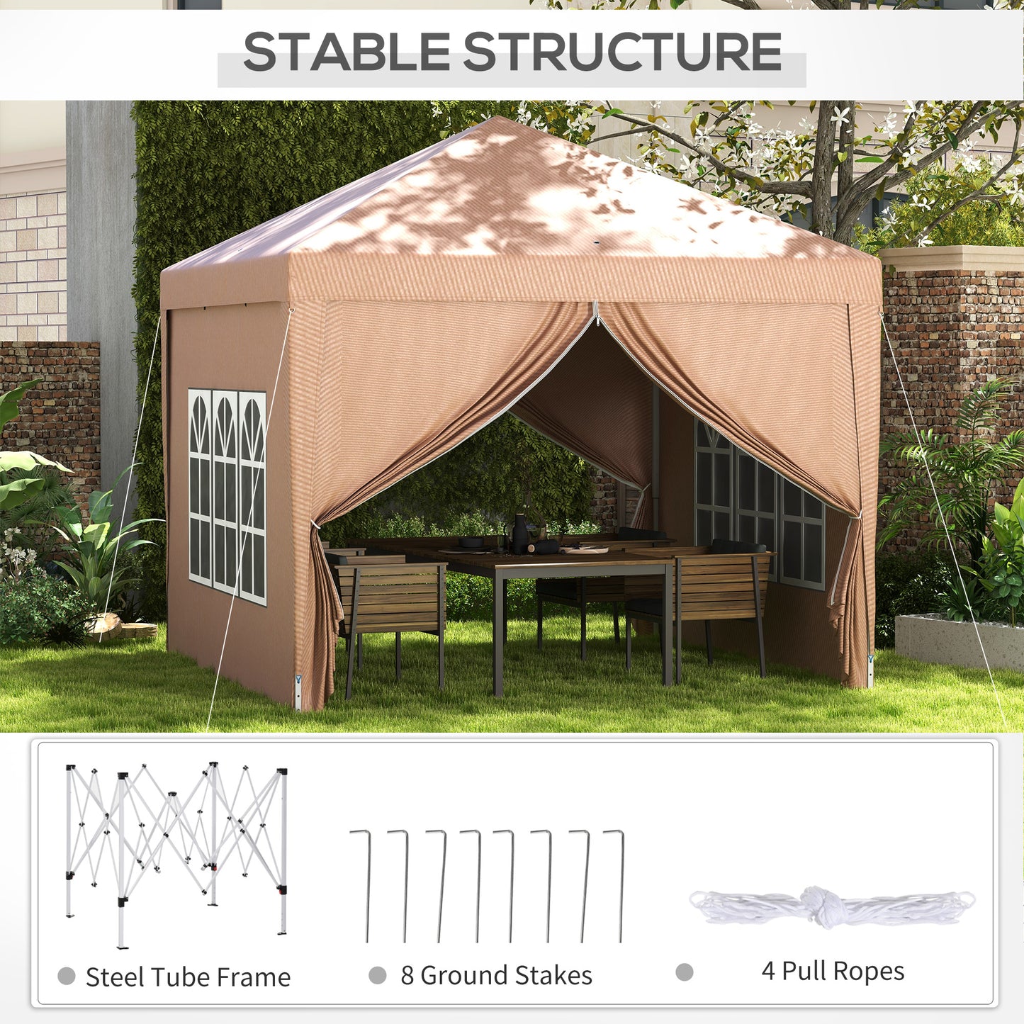 Outsunny 3 x 3m Pop Up Gazebo, Wedding Party Canopy Tent Marquee with Carry Bag and Windows, Coffee