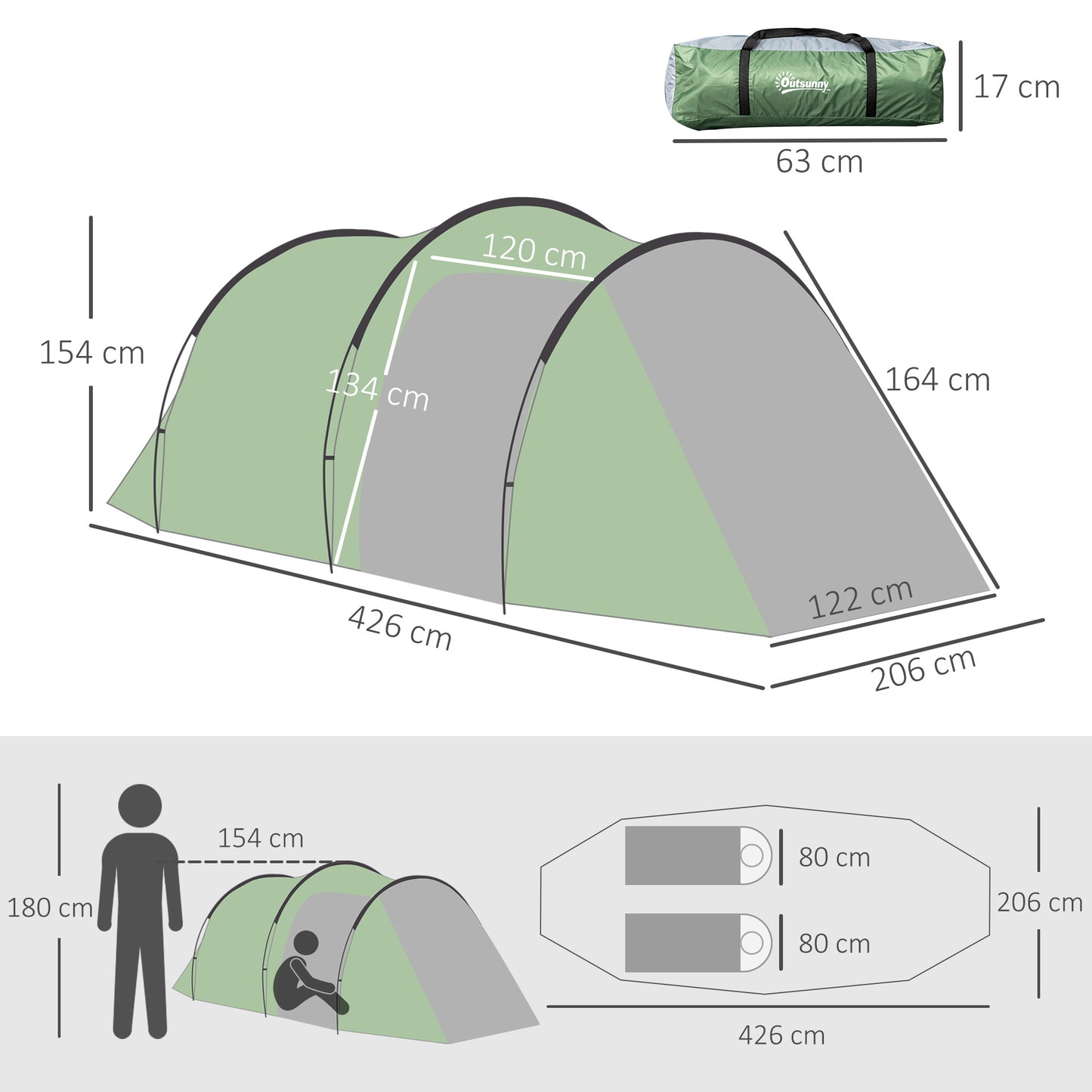 Outsunny Tunnel Tent, 2-3 Person Camping Tent with Sewn-in Groundsheet, Air Vents, Rainfly, 2000mm Water Column, Green