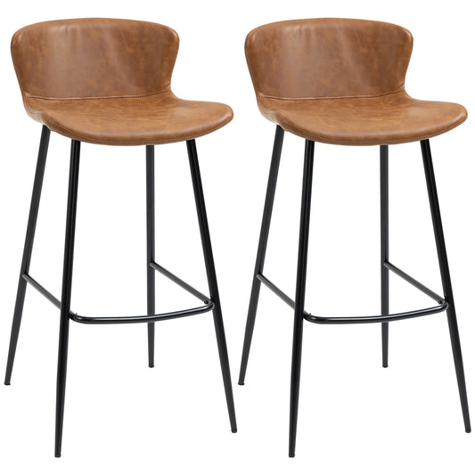HOMCOM Bar Stools Set of 2, PU Leather Upholstered Bar Chairs, Kitchen Stools with Backs and Steel Legs for Dining Room, Brown