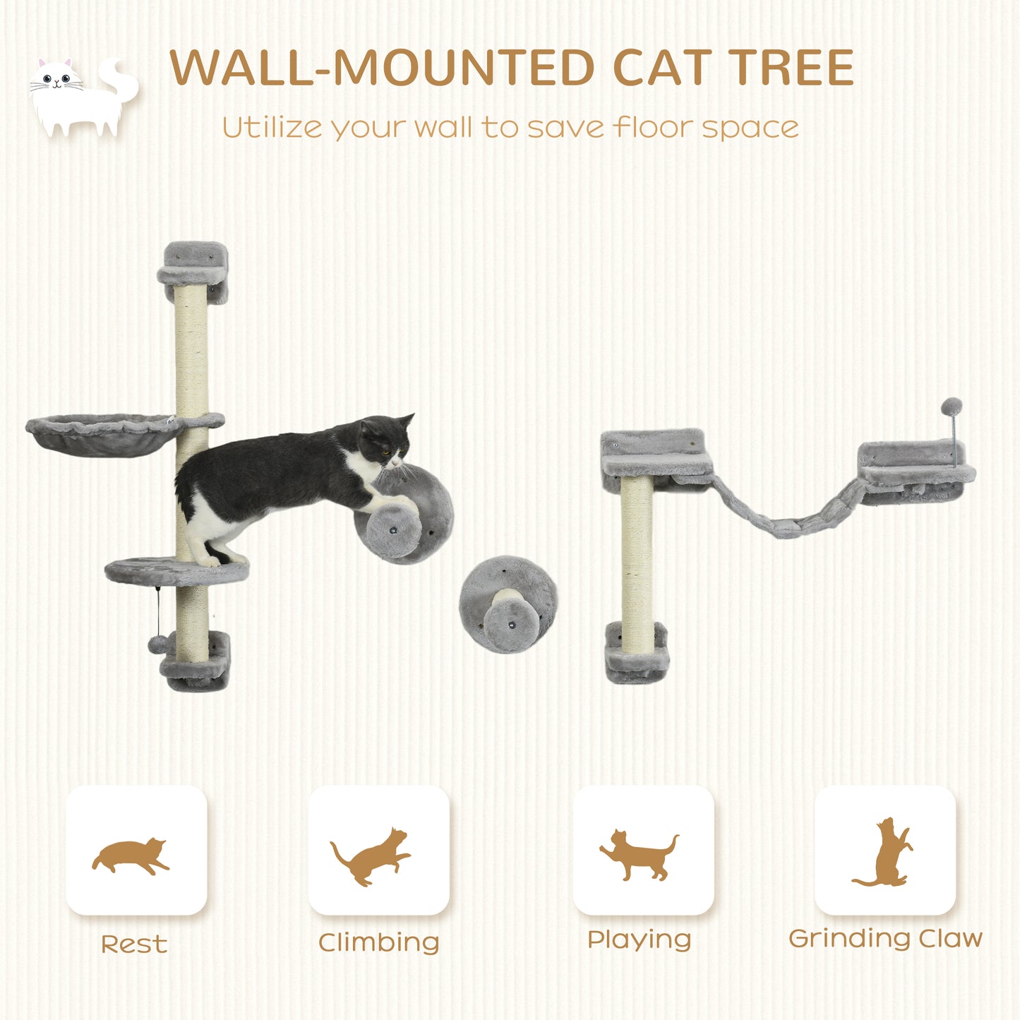 PawHut FourPiece Cat Wall Furniture with Hammock Perches Ladder Scratching Post Grey