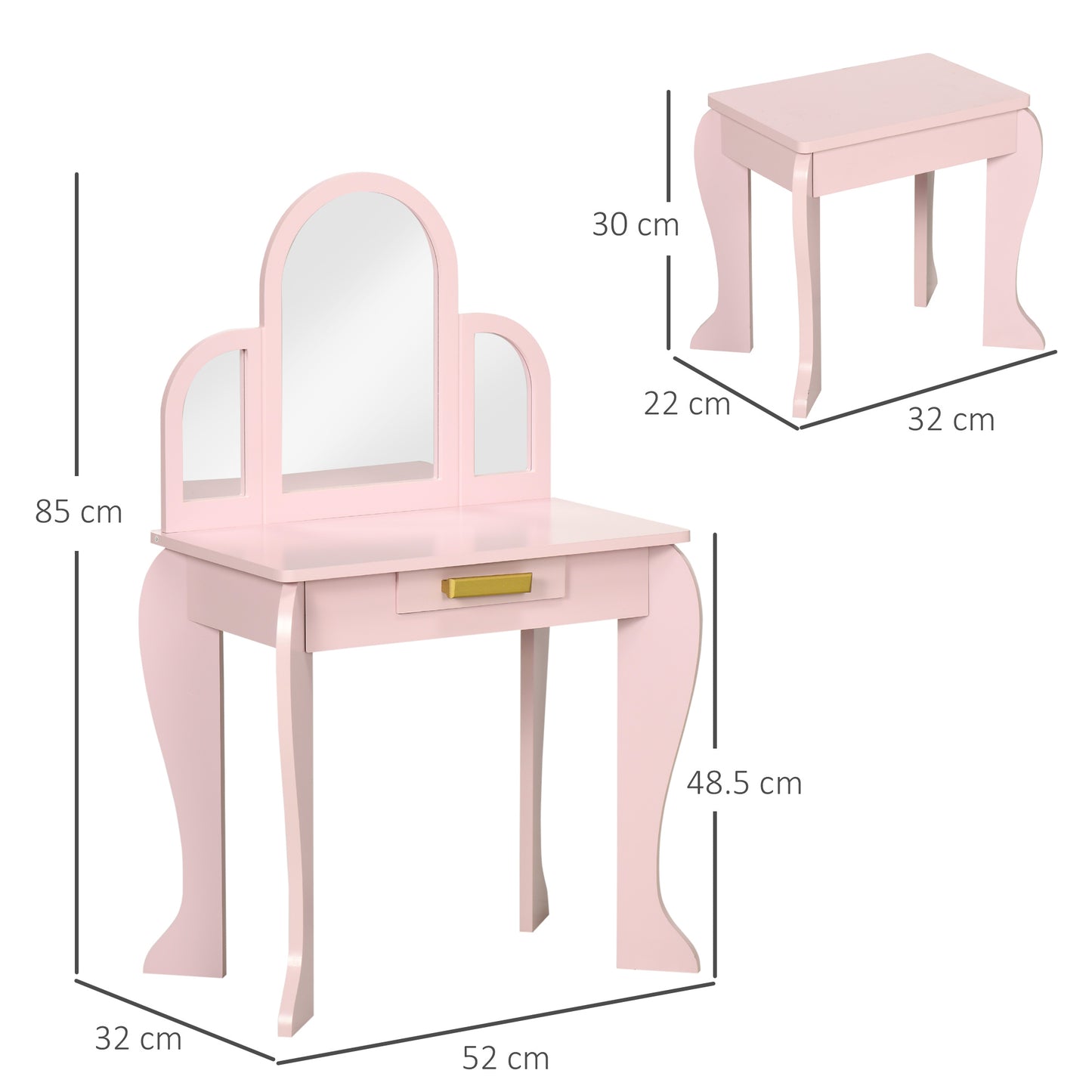 HOMCOM Kids Dressing Table with Mirror and Stool, Kids Vanity Set, Girl Makeup Desk with Drawer for 3-6 Years Old Children, Pink