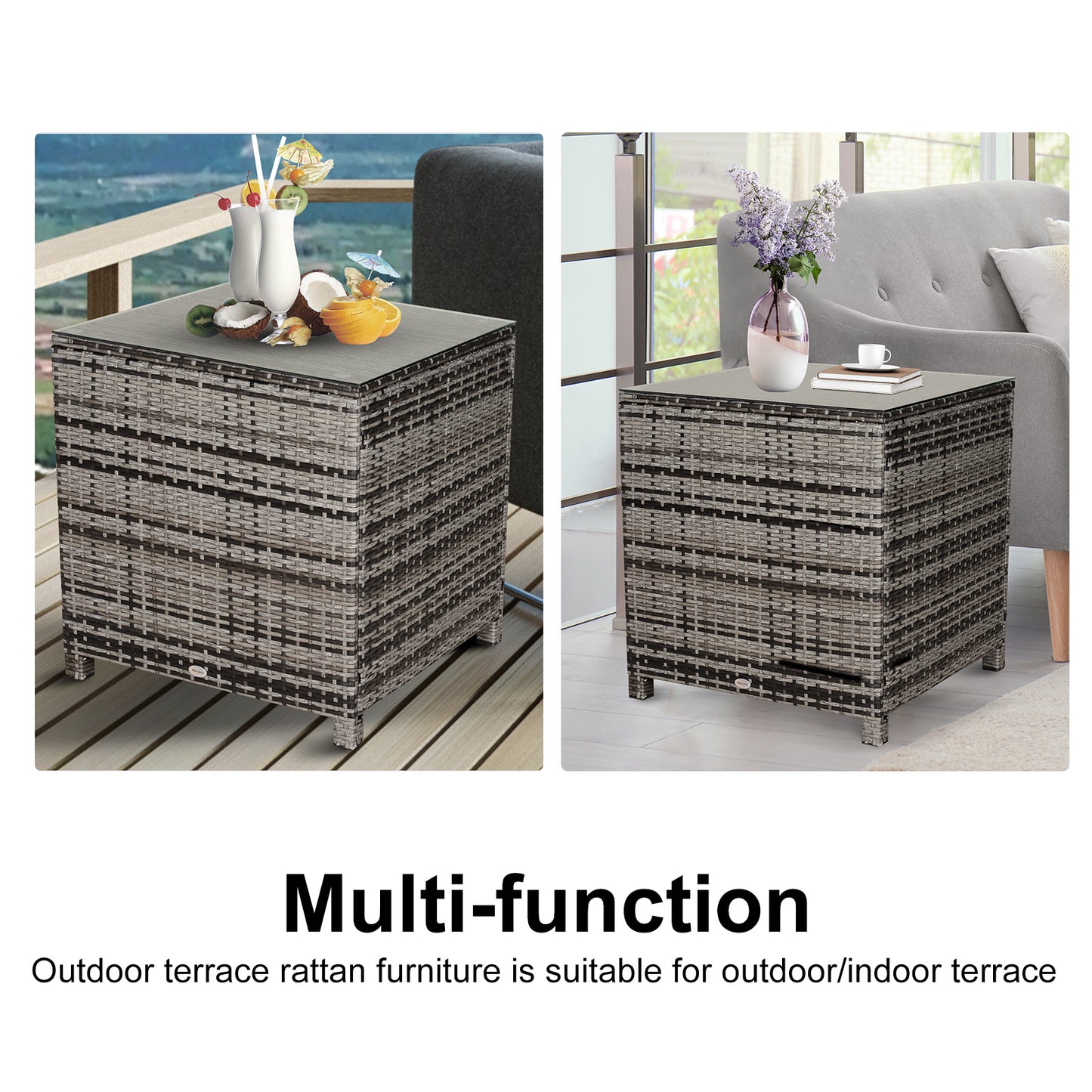 Outsunny Tempered Glass Top Outdoor Garden Rattan Side Table Grey