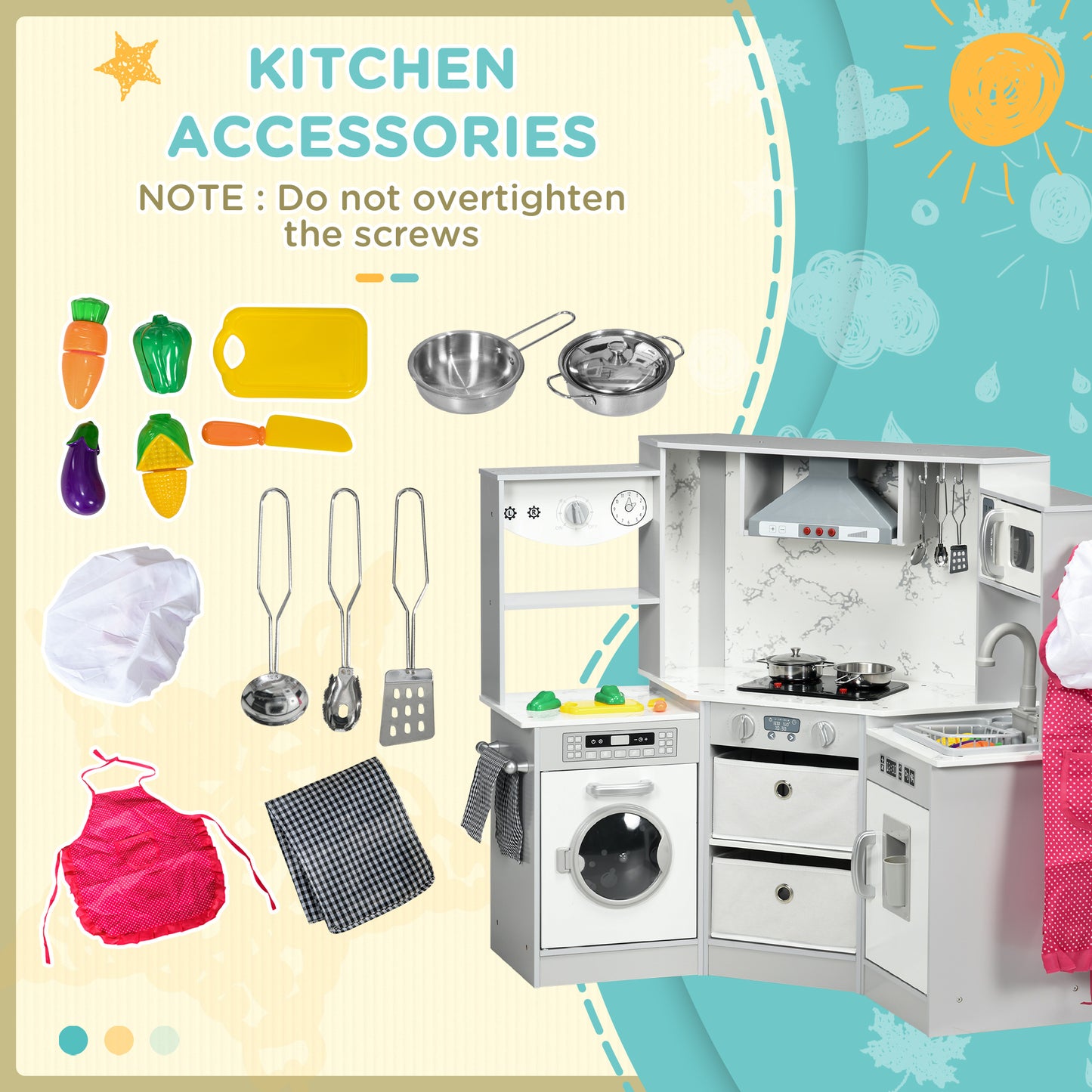 AIYAPLAY Toy Kitchen with Running Water Lights Sounds Apron and Chef Hat Water Dispenser for Ages 36 Years Grey