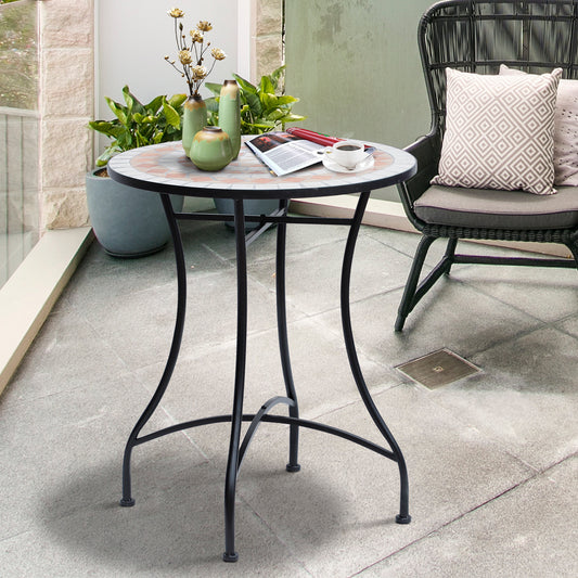 Outsunny Mosaic Table Garden Table , Φ60x71H cm-Black/Orange/White