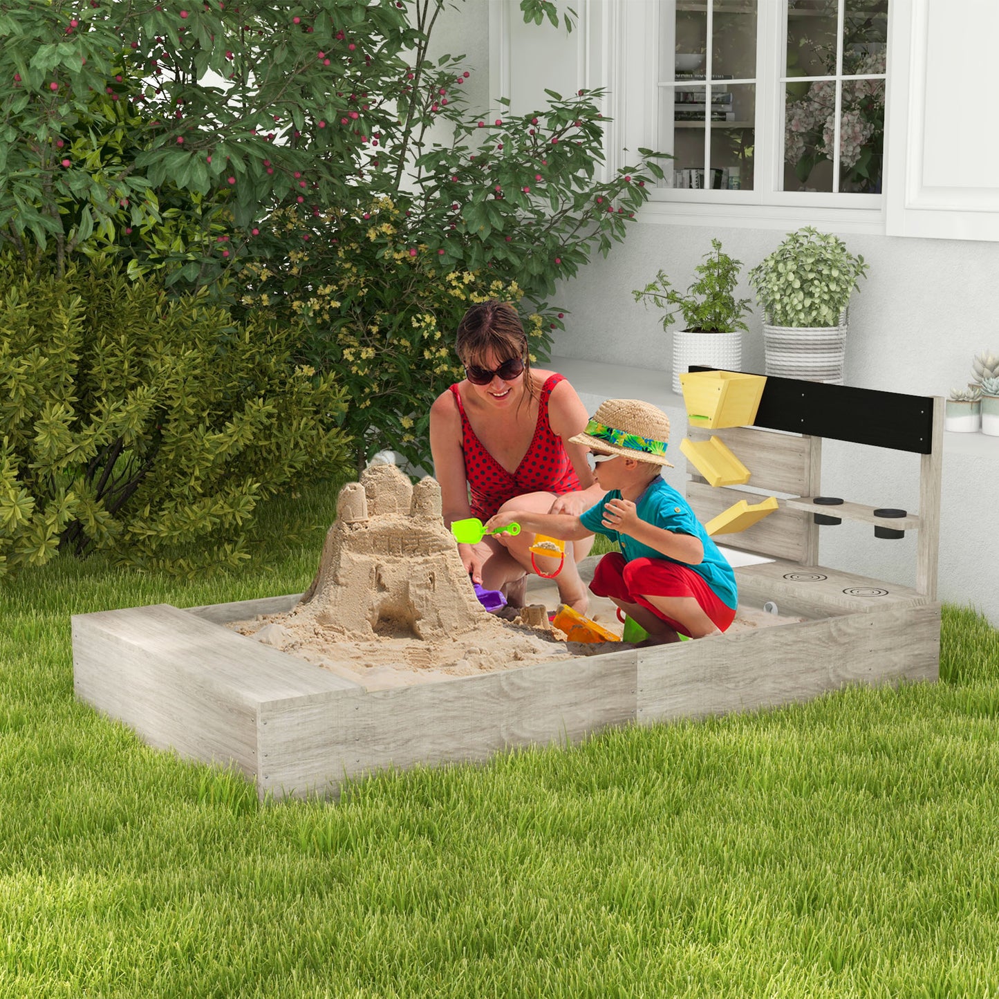 Outsunny Wooden Sand Pit with Liner, Pretend Hobs, Planting Boxes, Two Seats, for Ages 3-7 Years  - Grey