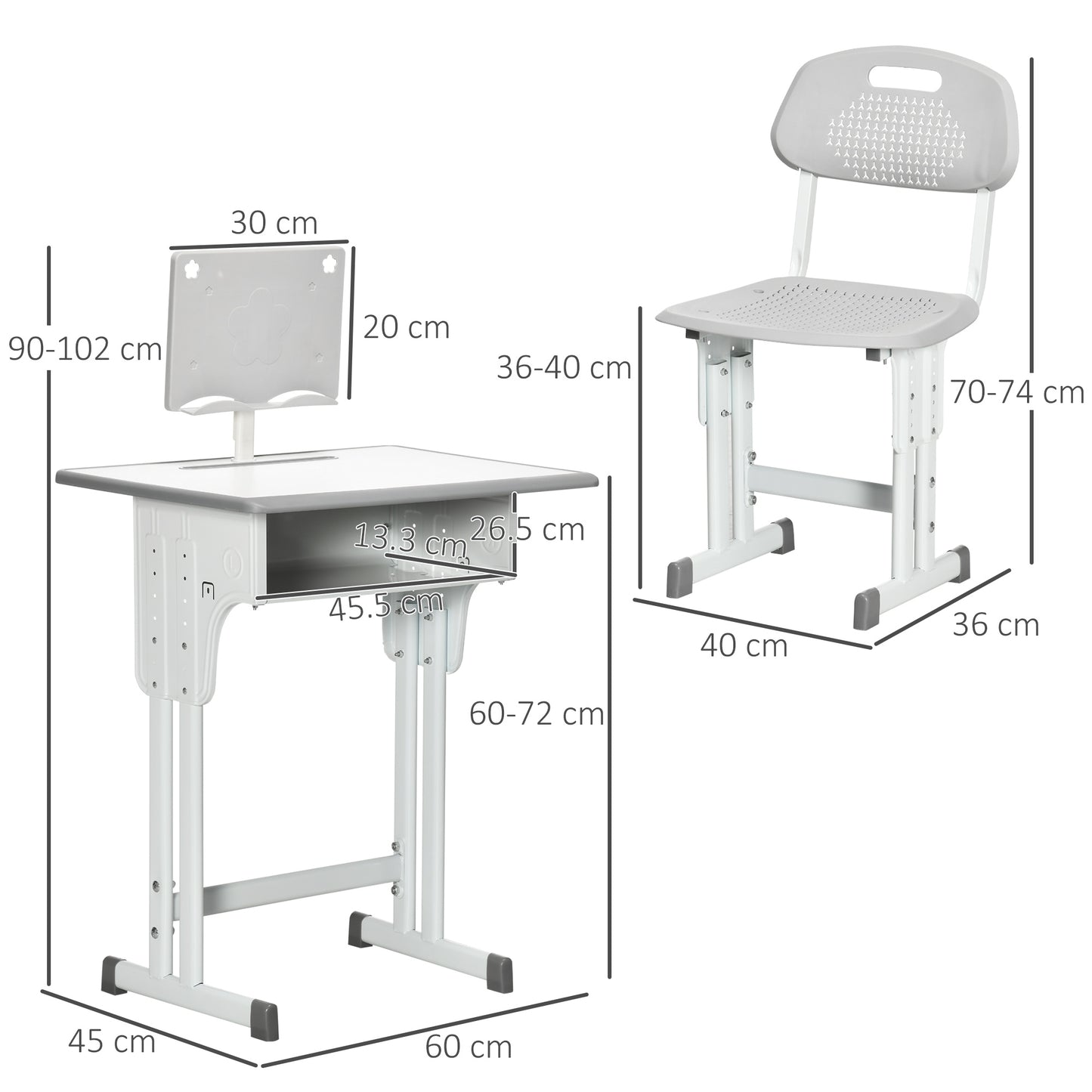 HOMCOM Kids Desk and Chair Set, Height Adjustable Study Table Set, Grey