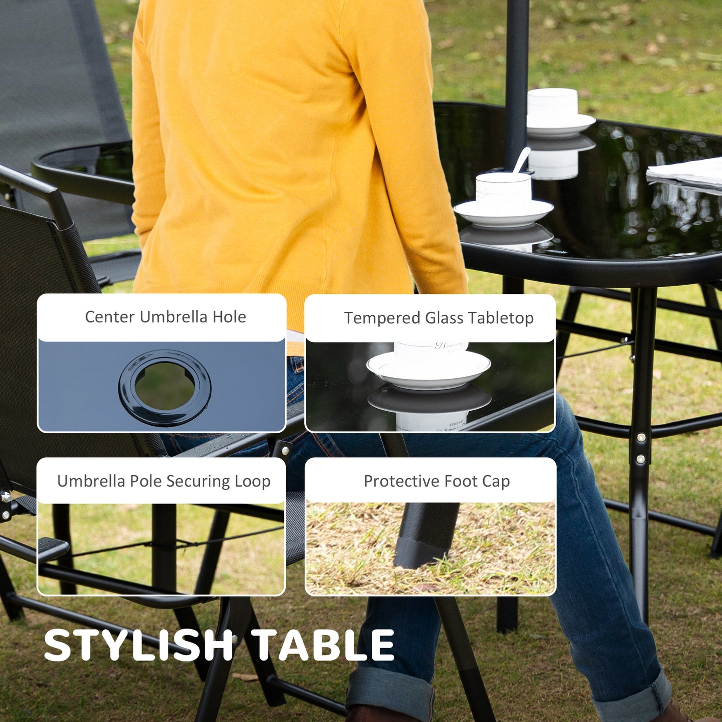 Outsunny 8 Pieces Metal Garden Furniture Set with Parasol and Folding Chairs, Patio Dining Set, 6 Seater Outdoor Table and Chairs with Tempered Glass Top, Black