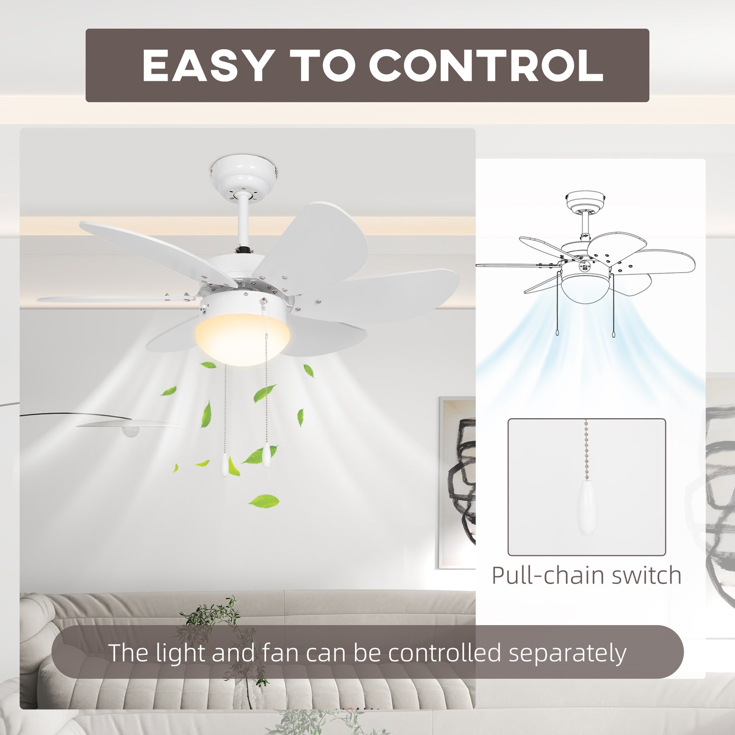HOMCOM Ceiling Fan with LED Light, Flush Mount Ceiling Fan Lights with 6 Reversible Blades, Pull-chain Switch, White