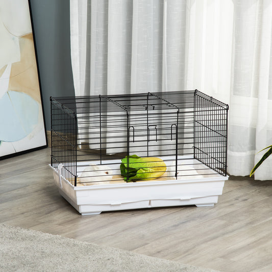 PawHut Indoor Small Animal Cage with Wood Floor, Bunny Guinea Pig House with Removable Tray, 61.5 x 38 x 40 cm, White