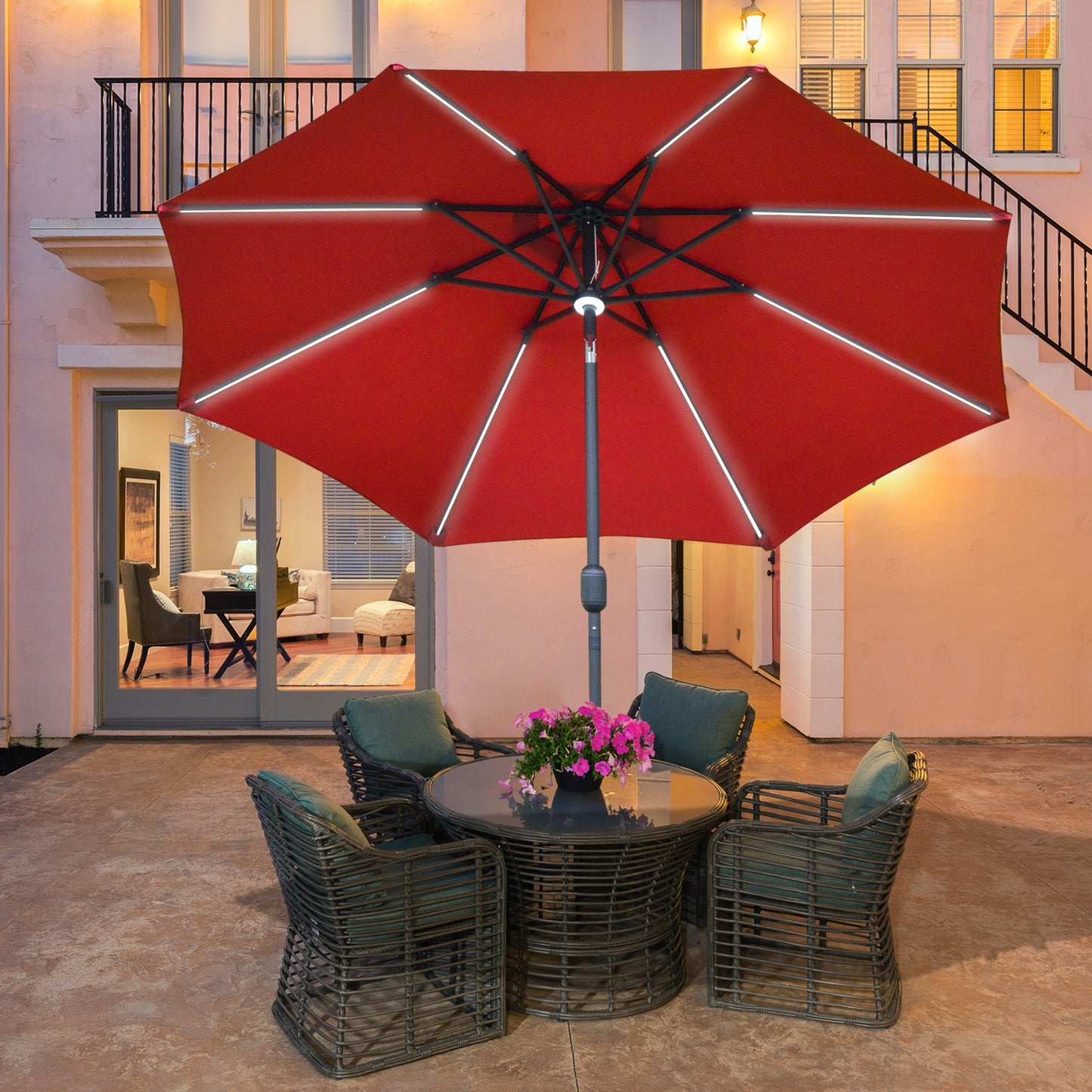 Outsunny 2.7m Garden Parasol Sun Umbrella Patio Summer Shelter w/ LED Solar Light, Angled Canopy, Vent, Crank Tilt, Red Light Canopy