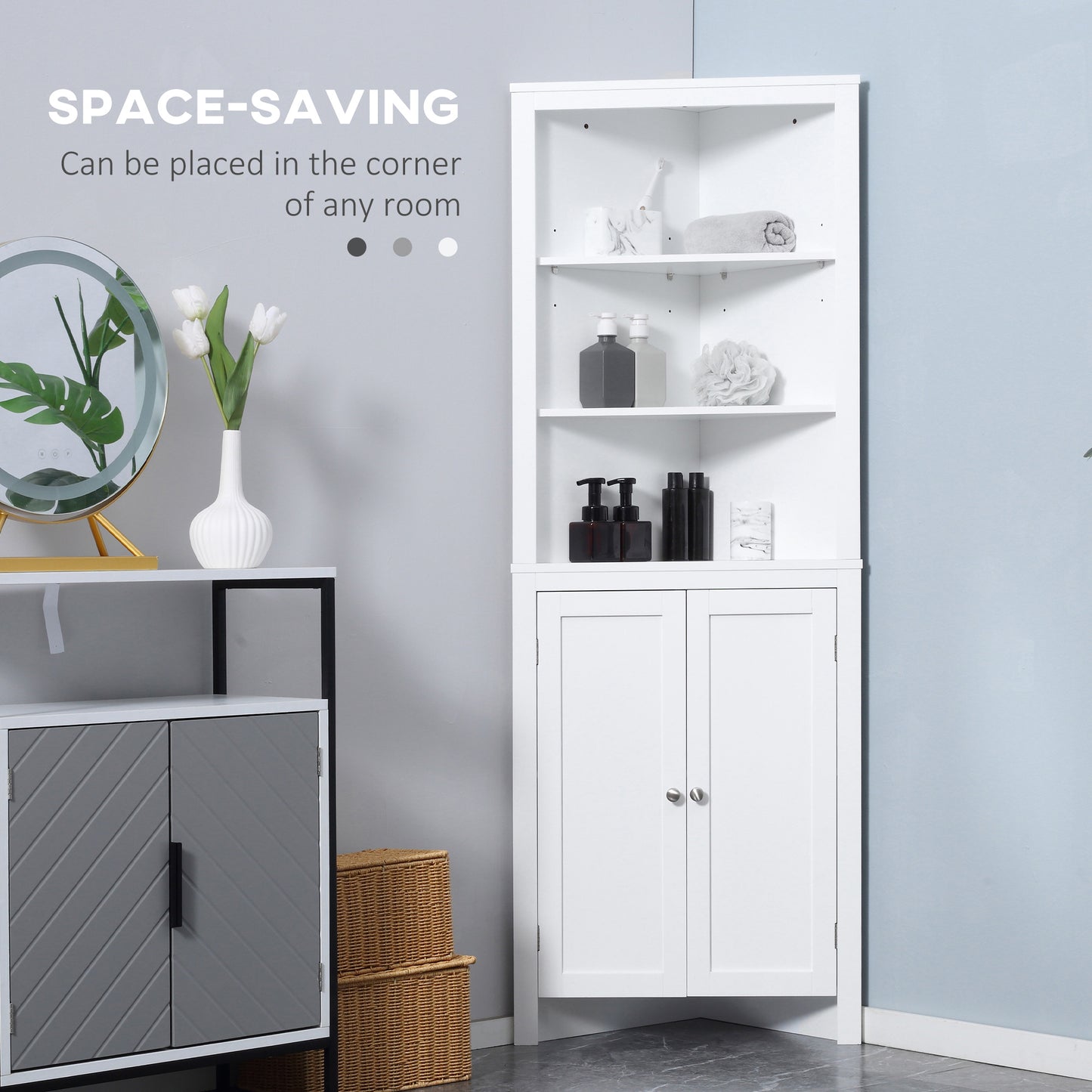 kleankin Triangle Bathroom Cabinet, Corner Bathroom Storage Unit with Cupboard and 3-Tier Shelves, Free Standing, White