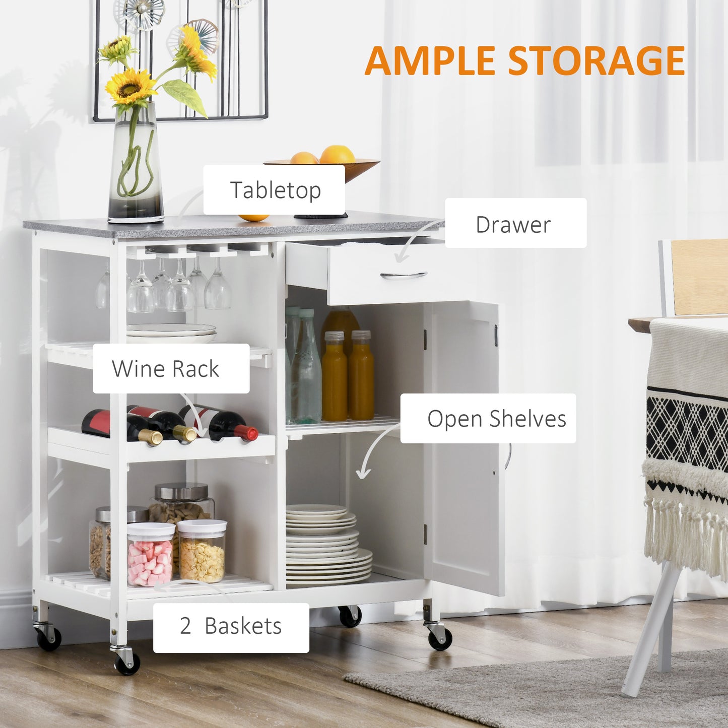 HOMCOM Compact Kitchen Trolley Utility Cart on Wheels with Wine Rack, Drawer, Open Shelf and Storage Cabinet for Dining Room, White