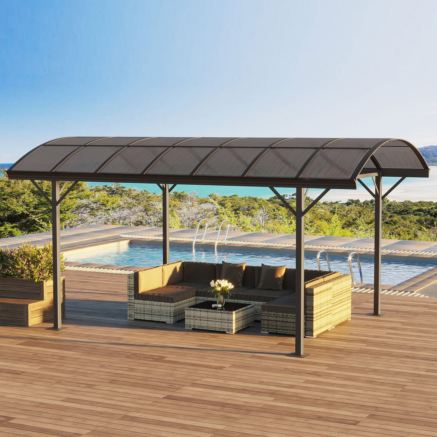 Outsunny 5 x 3(m) Hardtop Pergola Aluminium Gazebo Pavilion Garden Shelter Carport with Polycarbonate Roof, Brown Aluminiuim Frame w/
