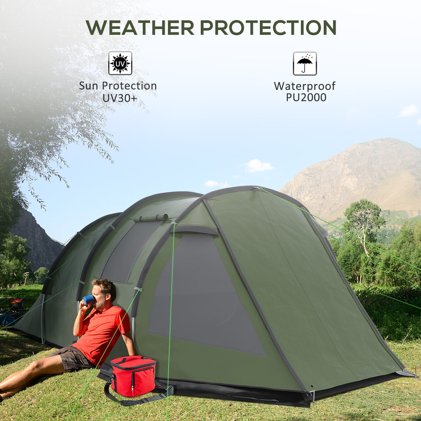 Outsunny Two Room Tunnel Tent Camping Tent for  3-4 Man with Windows, Covers, Carry Bag, for Fishing, Hiking, Sports, Green