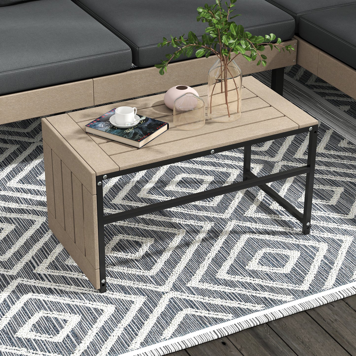 Outsunny 3-Piece L Shaped Garden Sofa Set with Sofa, Table, Cushions, HDPE, Garden Furniture Set for Poolside, Patio