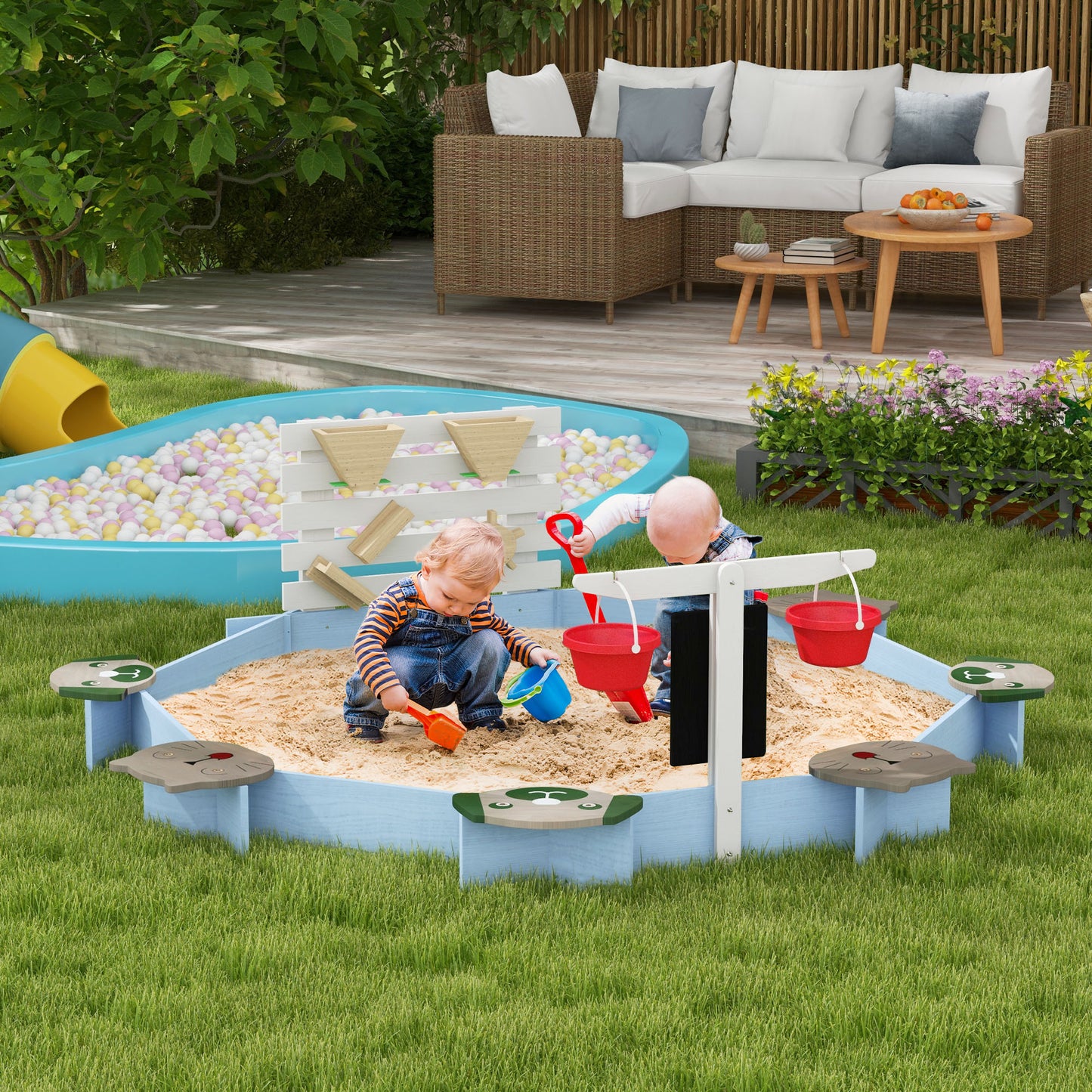 Outsunny Wooden Kids Sandbox with 6 Seats Blue