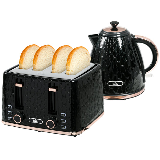 HOMCOM 1.7L 3000W Fast Boil Kettle & 4 Slice Toaster Set Kettle and Toaster Set with 7 Browning Controls Crumb Tray Black