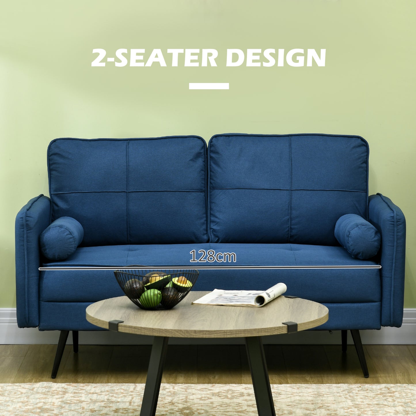 HOMCOM 143cm Loveseat Sofa for Bedroom Upholstered 2 Seater Sofa with Back Cushions and Pillows Blue