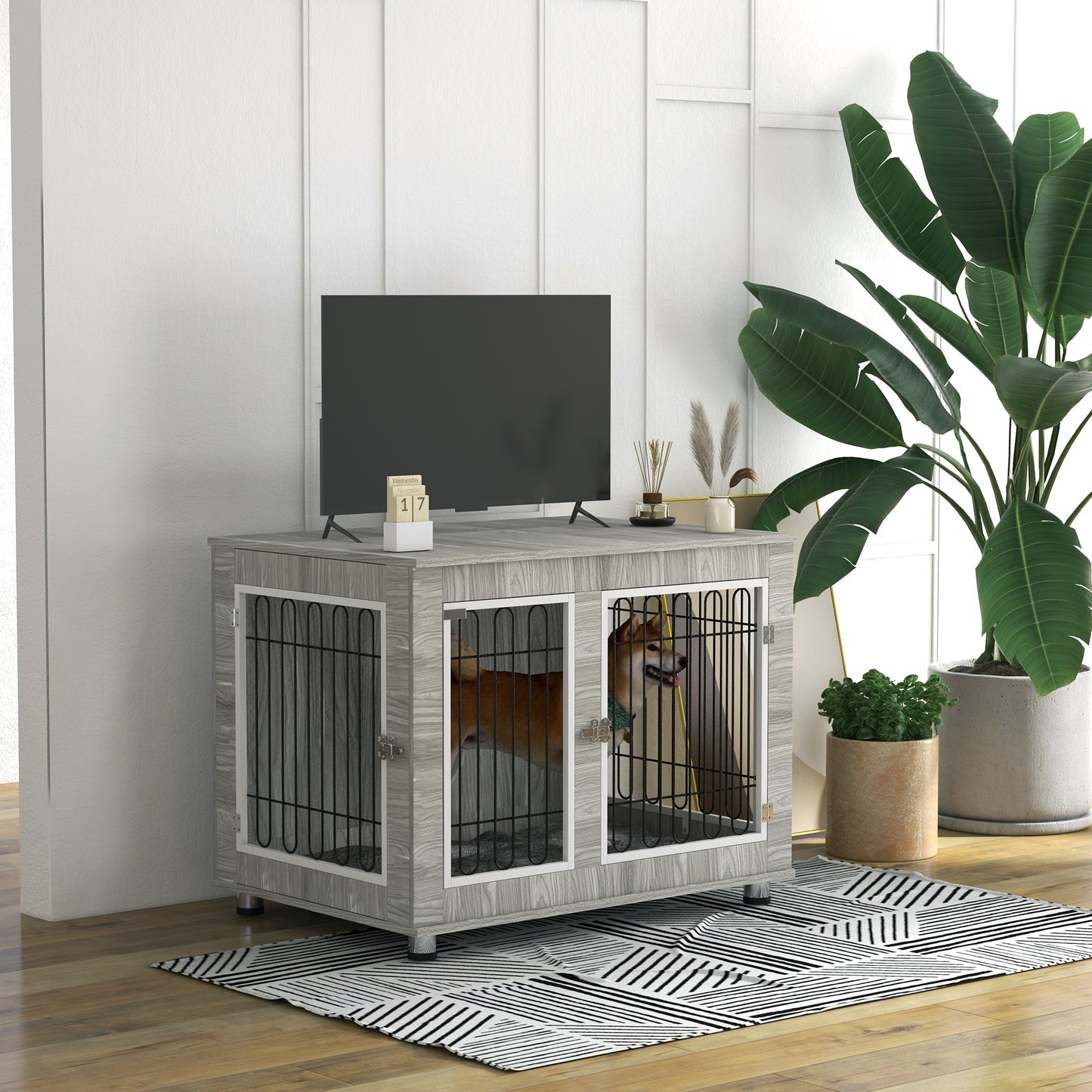 PawHut Indoor Dog Kennel w/ Soft Cushion Double Door for Large Dogs 106 x 74 x 81.5cm Grey