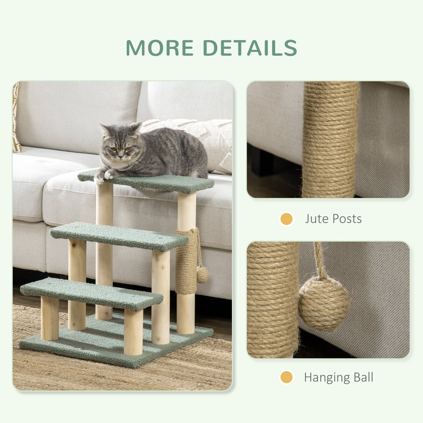 PawHut 48cm Cat Tree, 3-Layer Kitty Ladder, Cat Climbing Toy, Cat Tower with Ball Toy Jute Scratching Post, Green