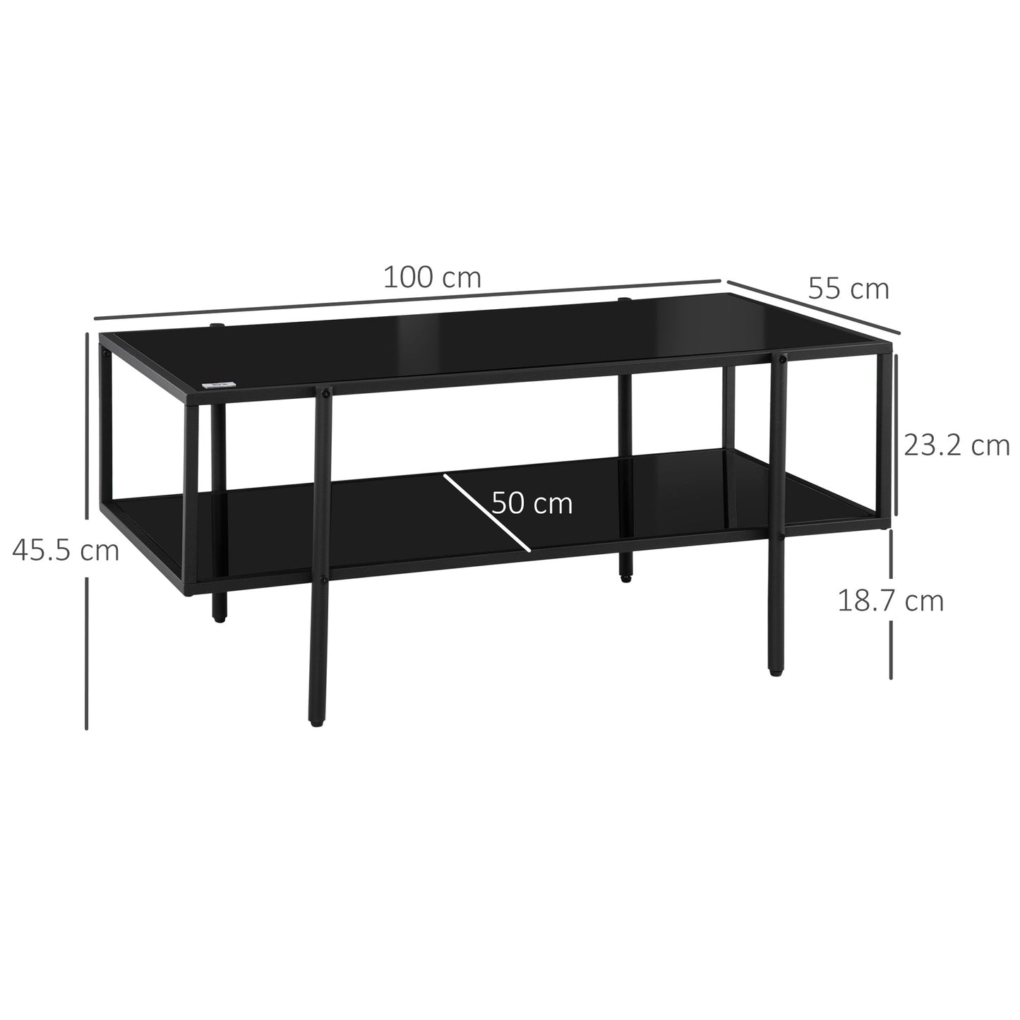 HOMCOM Modern Coffee Table with Tempered Glass Top, Cocktail Table with 2-Tier Storage and Steel Frame for Living Room, Black