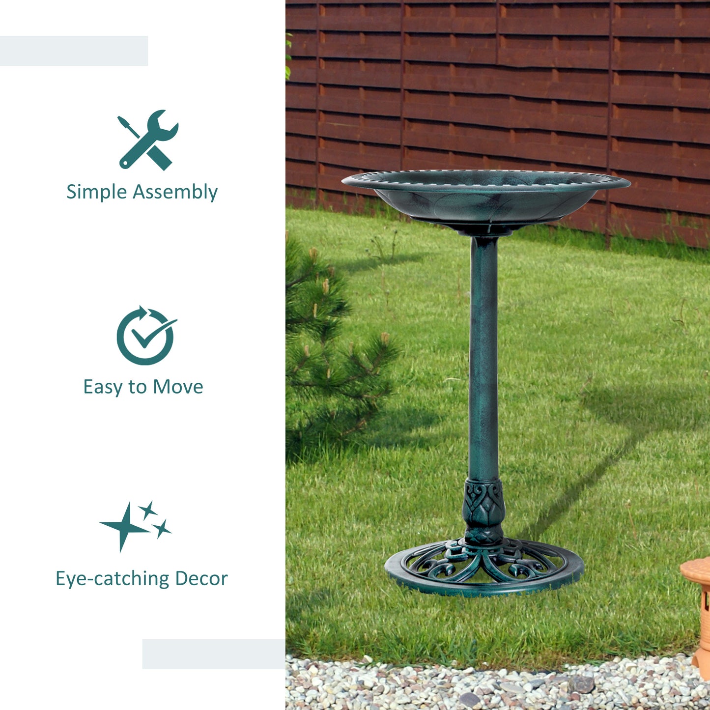 Outsunny Garden Bird Bath Outdoor Decrative Garden Feeder Stand with Scalloplike Pattern TimeWorn Finish 50cm Green