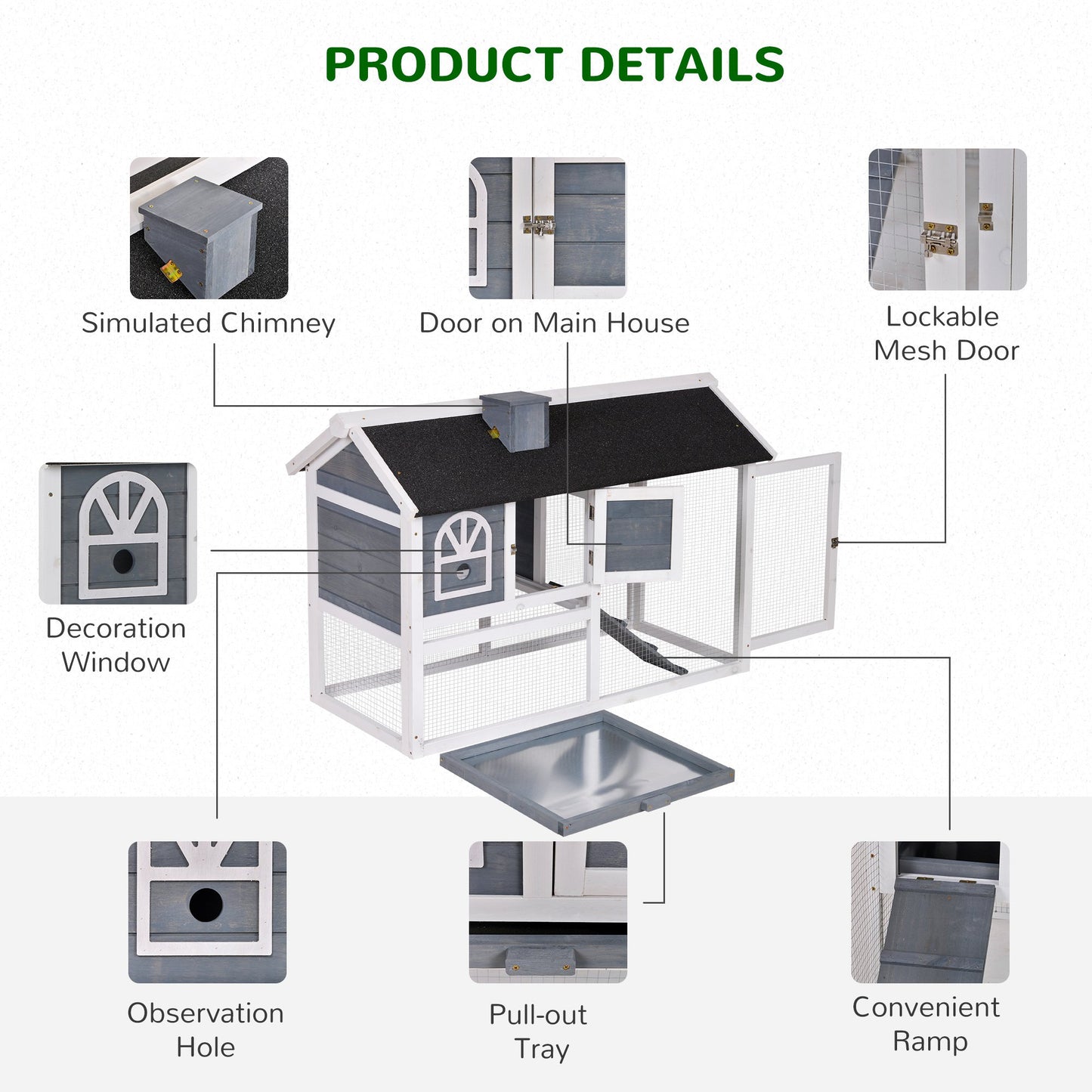 PawHut Rabbit Hutch Wood Bunny Cage for Outdoor Indoor with Pull Out Tray Run Box Ramp Asphalt Roof for Small Animals Grey