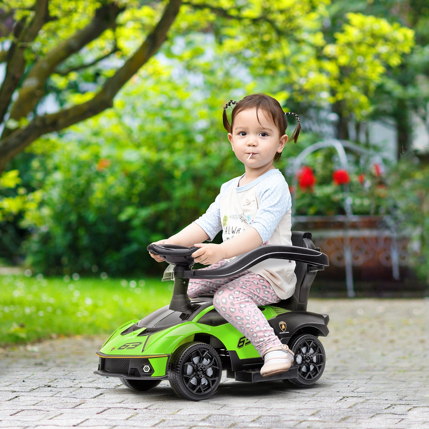 AIYAPLAY 2 in 1 Baby Push Car Lamborghini Licensed Ride On Cars for Toddlers with Horn Engine- Green