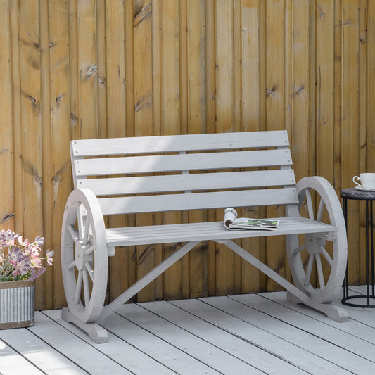 Outsunny Wooden Cart Wagon Wheel 2 Seater Garden Bench Outdoor Garden Armrest Chair Rustic High Back Loveseat Grey