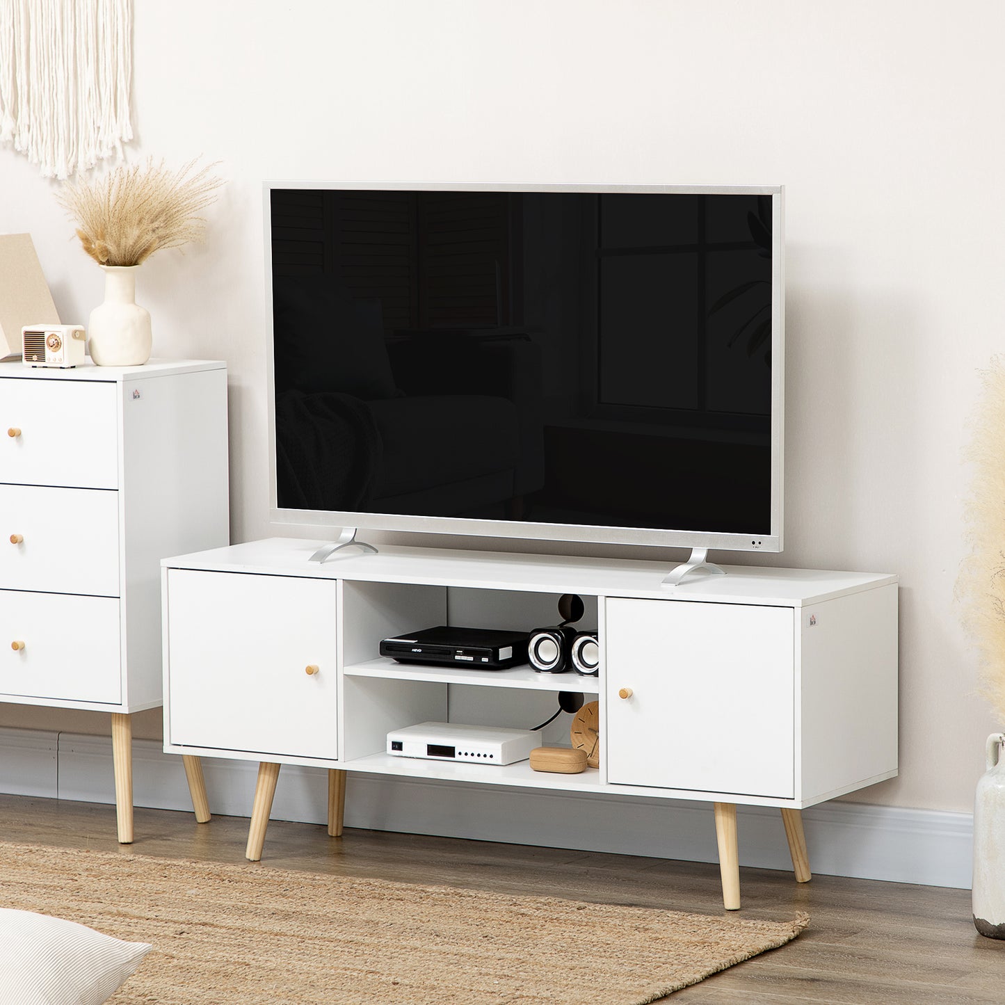 HOMCOM TV Unit Cabinet for TVs up to 55 Inches, TV Stand with Storage Shelves and Wood Legs for Living Room, White