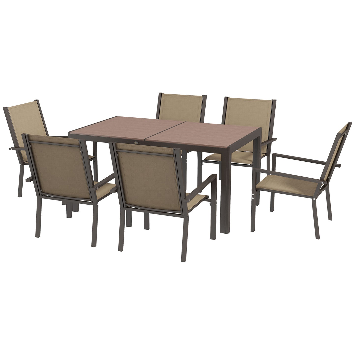 Outsunny 7 Pieces Garden Dining Set with Wood-plastic Composite Dining Table, Outdoor Table and 6 Stackable Armchairs with Breathable Mesh Fabric Seats and Backrest, Khaki